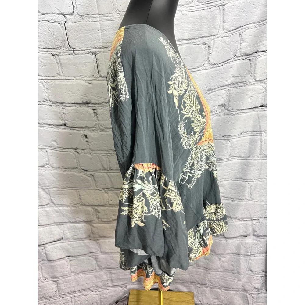 Free People Tunic Top Womens‎ XS Grey Yellow Sunrise Boho Ruffle Sleeve V Neck